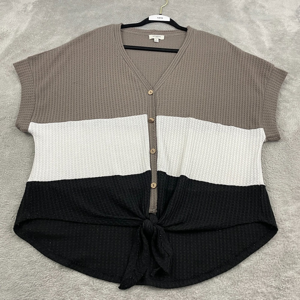 UMGEE Waffle Knit Tie Front Top Womens S Brown White Black Colorblock‎ Beachy